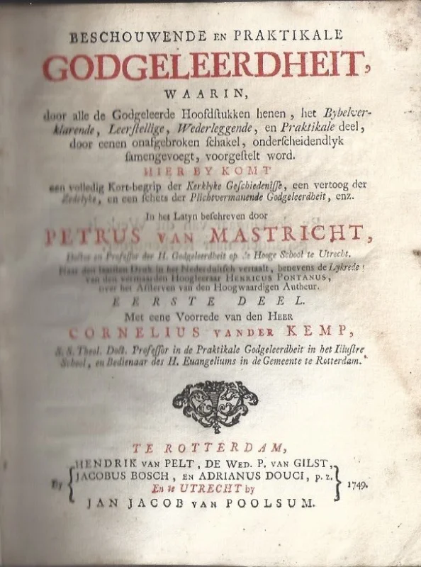 Seizoensaanbieding Beschouwende en praktikale godgeleerdheit, waarin, door alle de godgeleerde hoofdstukken henen, het Bybelverklarende, leerstellige, wederleggende, en praktikale deel, door eenen onafgebroken schakel, onderscheidendlyk samengevoegt, voorgestelt word. : Hier by komt een volledige kort-begrip der kerklyke geschiedenisse, een vertoog der zedelyke, en een schets der plichtvermanende godgeleerdheit, enz. – 1e Deel