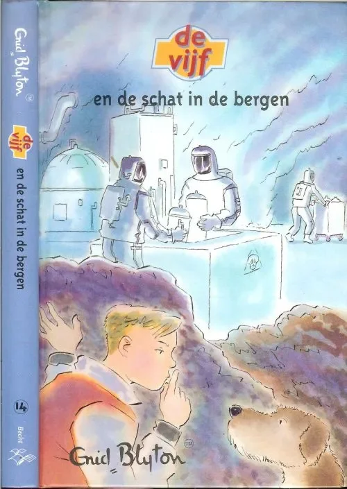 De Vijf 14 En de schat in de bergen Blyton, Enid . Vertaling J.H. Gever illustraties Julius Ros Omslagontwerp en Zetwerk Marius Brouwer te Haarlem Seizoensaanbieding