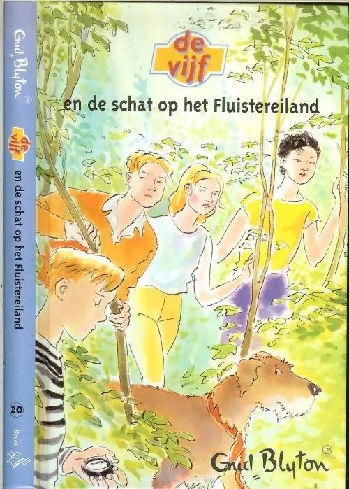 Merkproduct De Vijf 20 en de Schat op het Fluistereiland Blyton, Enid . Vertaling J.H. Gever illustraties Julius Ros Omslagontwerp en Zetwerk Marius Brouwer te Haarlem